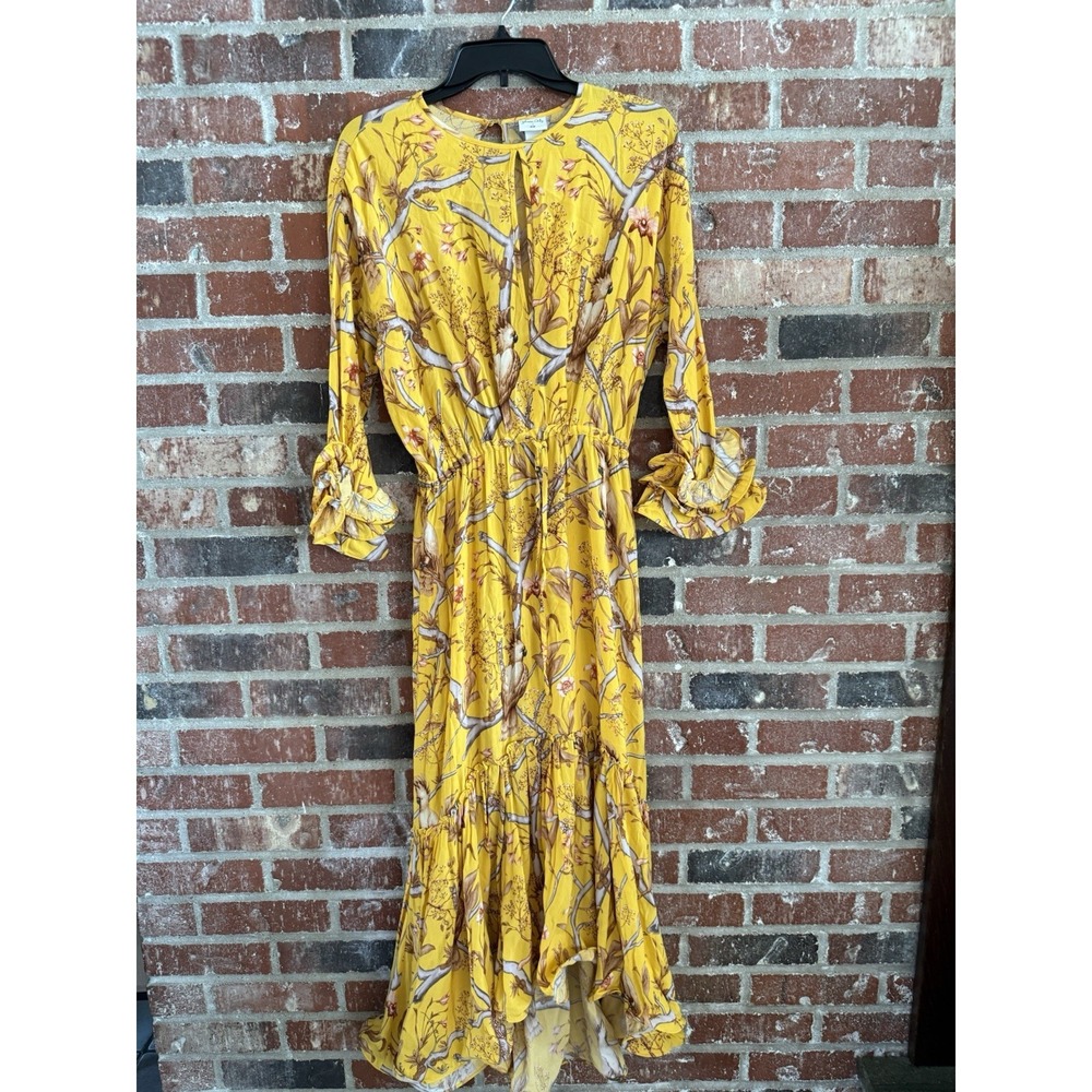 Johanna‎ Ortiz x H&M Womens Dress Size Xs Yellow Maxi Crepe Ruffle Orchid/Bird